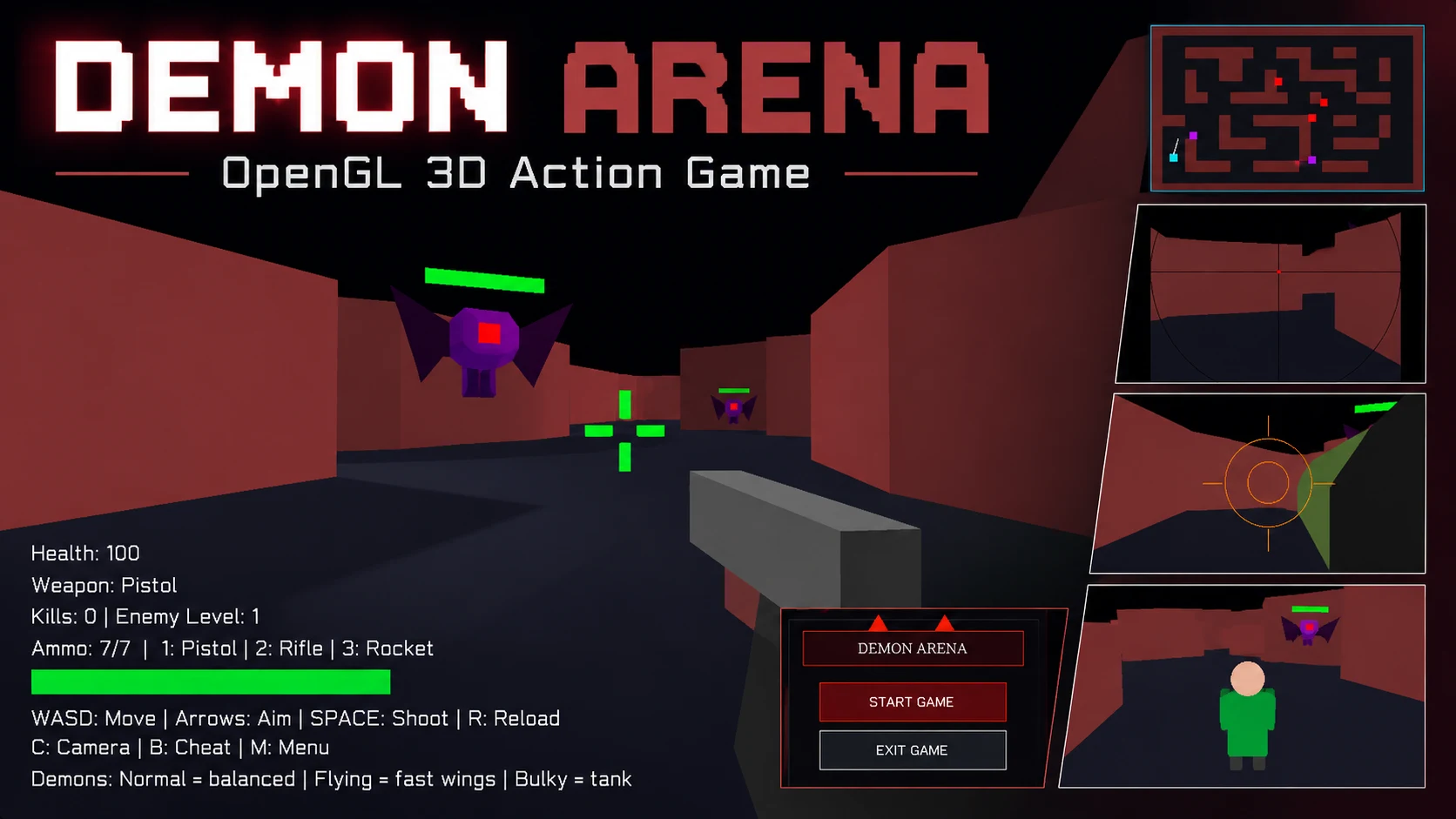 Demon Arena cover showing the OpenGL game environment, weapons and camera views.