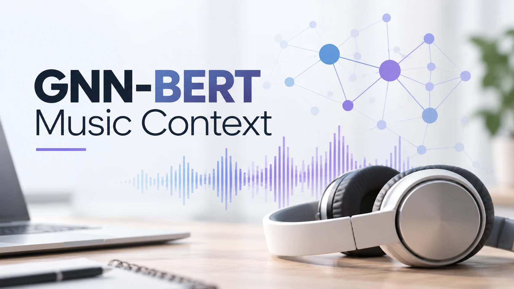 GNN-BERT Music Context cover with headphones, an audio waveform and a connected graph.