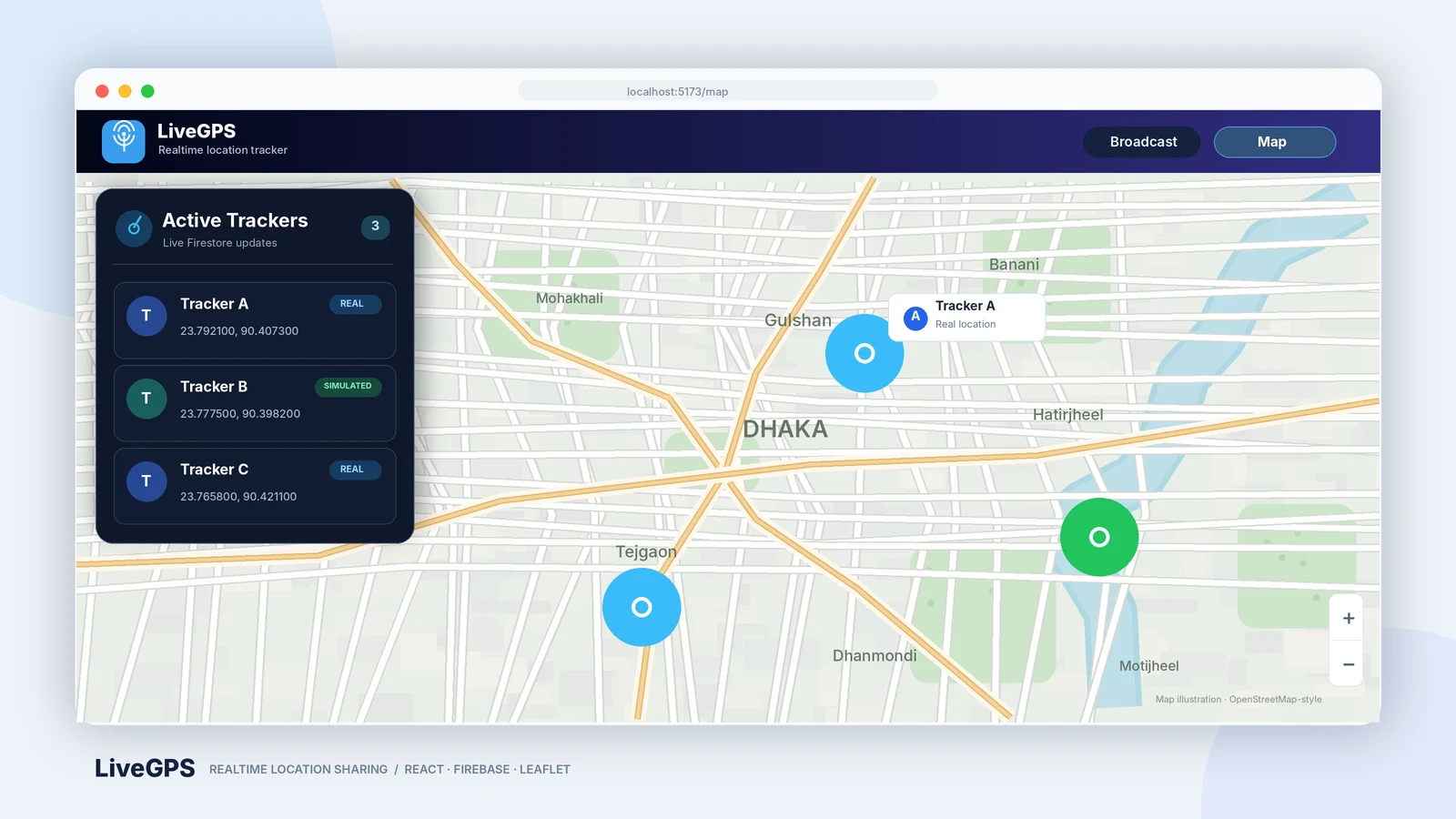 LiveGPS cover illustrating a Dhaka map, location markers and realtime tracker panel.