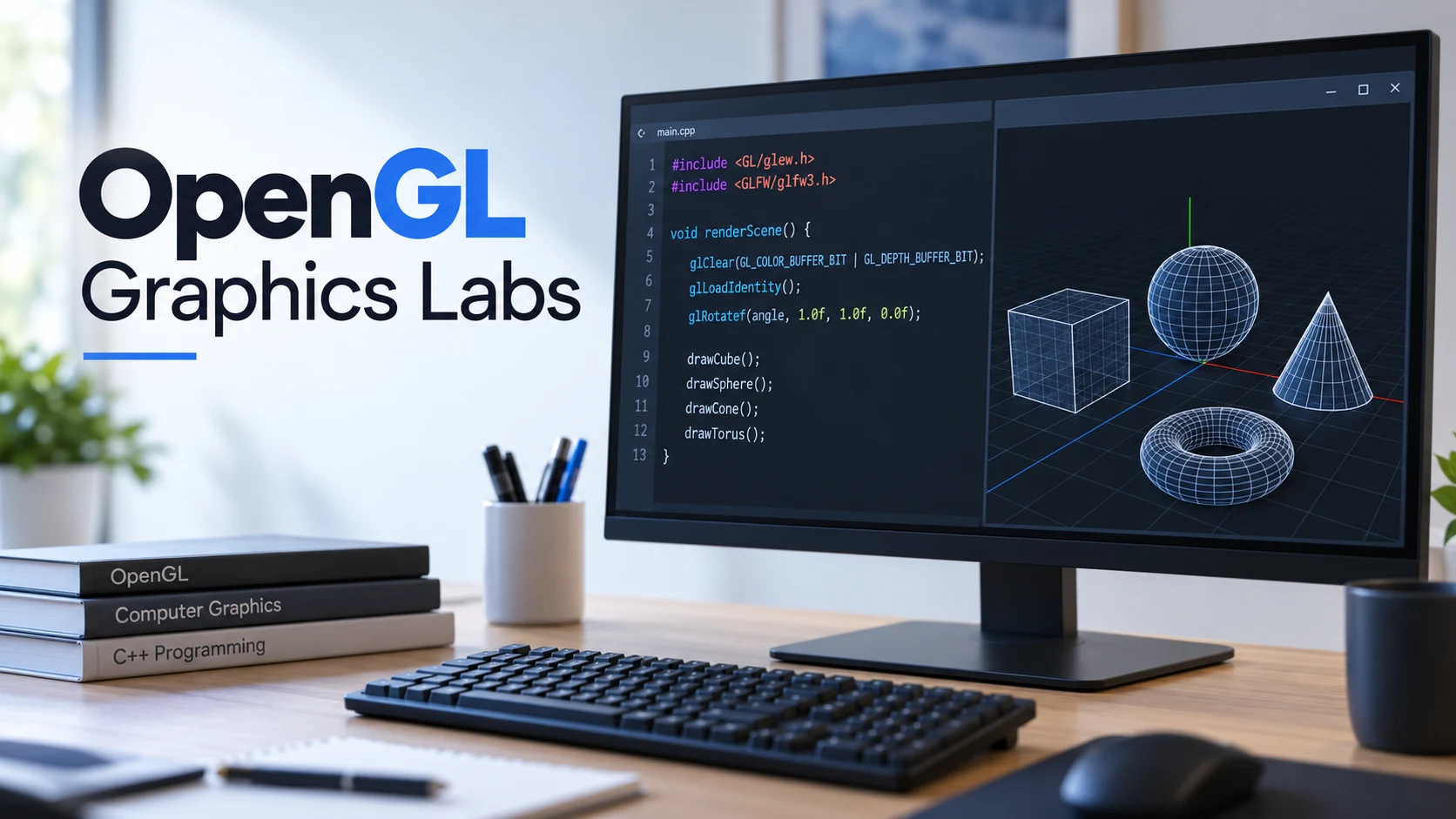 OpenGL Graphics Labs cover with wireframe geometry and an illustrative code editor.