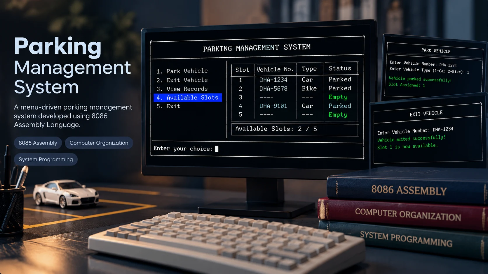 Parking Management System cover showing an illustrated 8086 terminal and parking records.