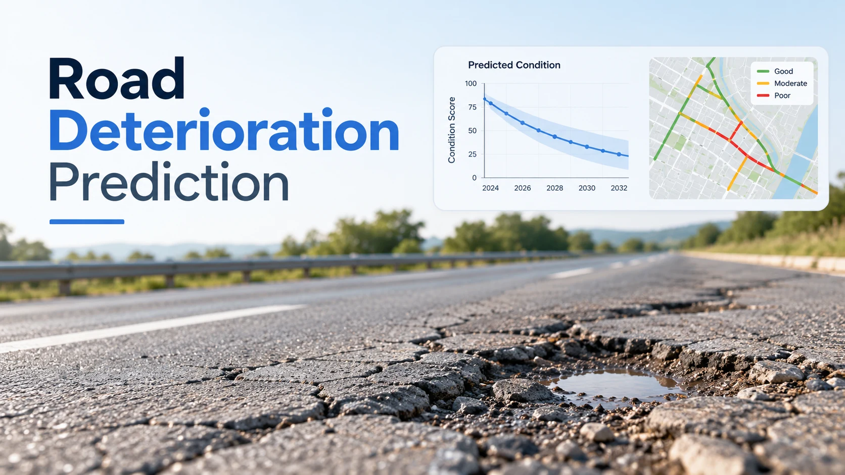 Road Deterioration Prediction cover with damaged pavement and illustrative condition chart and map.